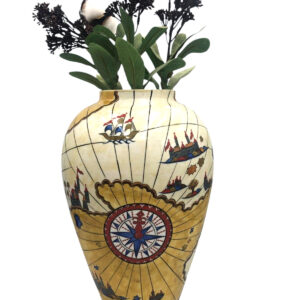 32cm Piri Reis Haritası Desenli Çini Vazo